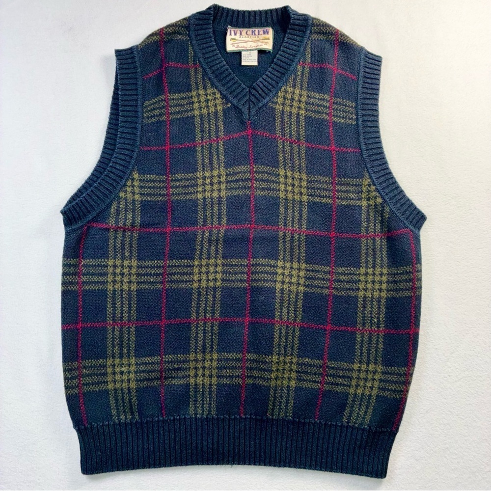 Vintage Ivy Crew Sweater Vest Medium Navy Olive Red Plaid V-Neck 90s Preppy